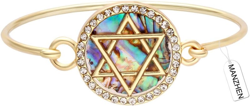 MANZHEN Jewish Charm Star of David Abalone Shell Wire Openable Crystal Bangle Bracelet - Image 1